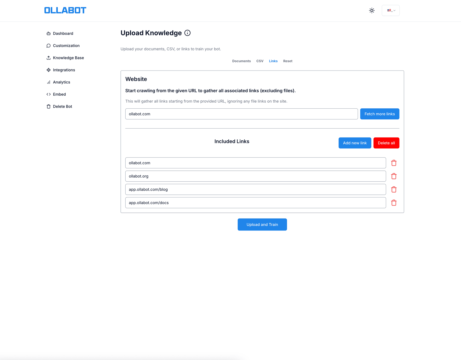 Ollabot knowledge base sources dashboard